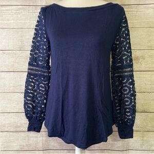 Amaryllis Navy Blue Top with Crochet Lace Sleeves Tunic  Size Small